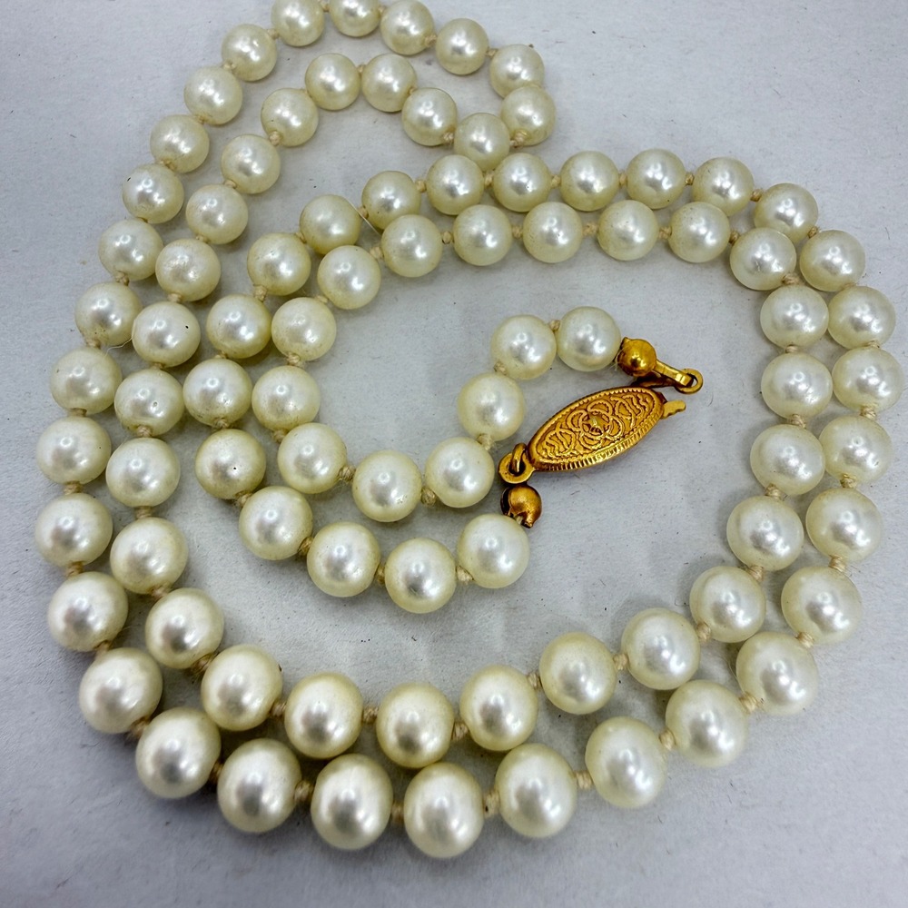 Vintage Knotted Faux Pearl Necklace Gold Tone‎ Filigree Clasp